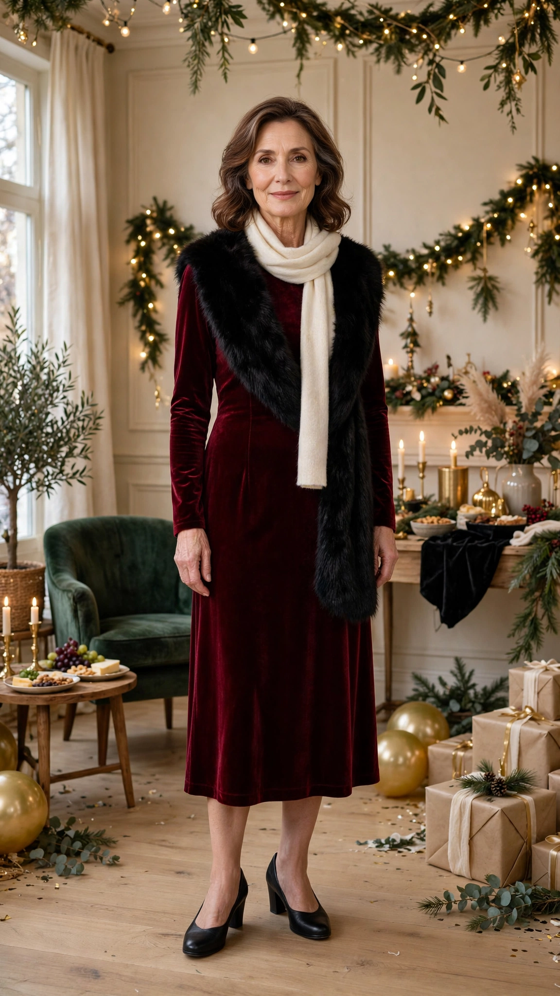 Burgundy Velvet Midi Dress with a Black Faux-fur Stole and Black Comfortable Heels