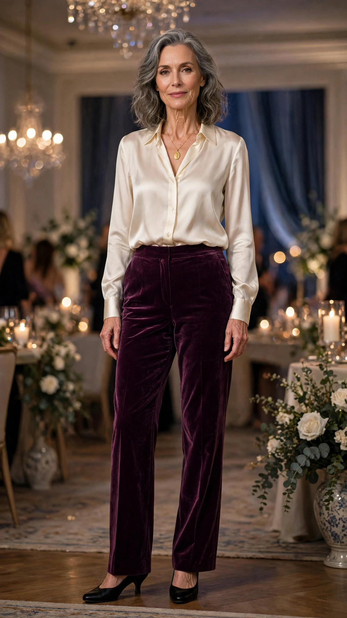 33 Women Over 50 Velvet Trousers and Silk Blouse Outfits for New Year Drinks That Are Chic, Warm and Elegant 2 Plum Velvet Trousers with an Ivory Silk Blouse and Black Low-heel Pumps