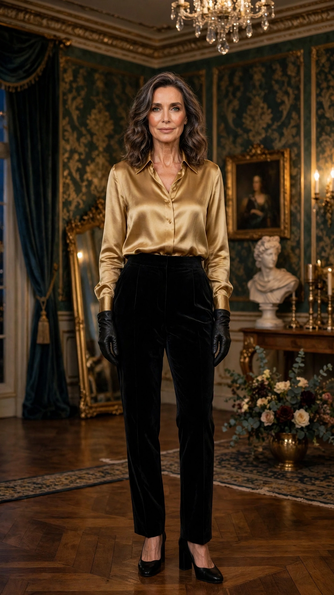 33 Women Over 50 Velvet Trousers and Silk Blouse Outfits for New Year Drinks That Are Chic, Warm and Elegant 5 Black Velvet Trousers with a Gold Silk Blouse and Black Block Heels