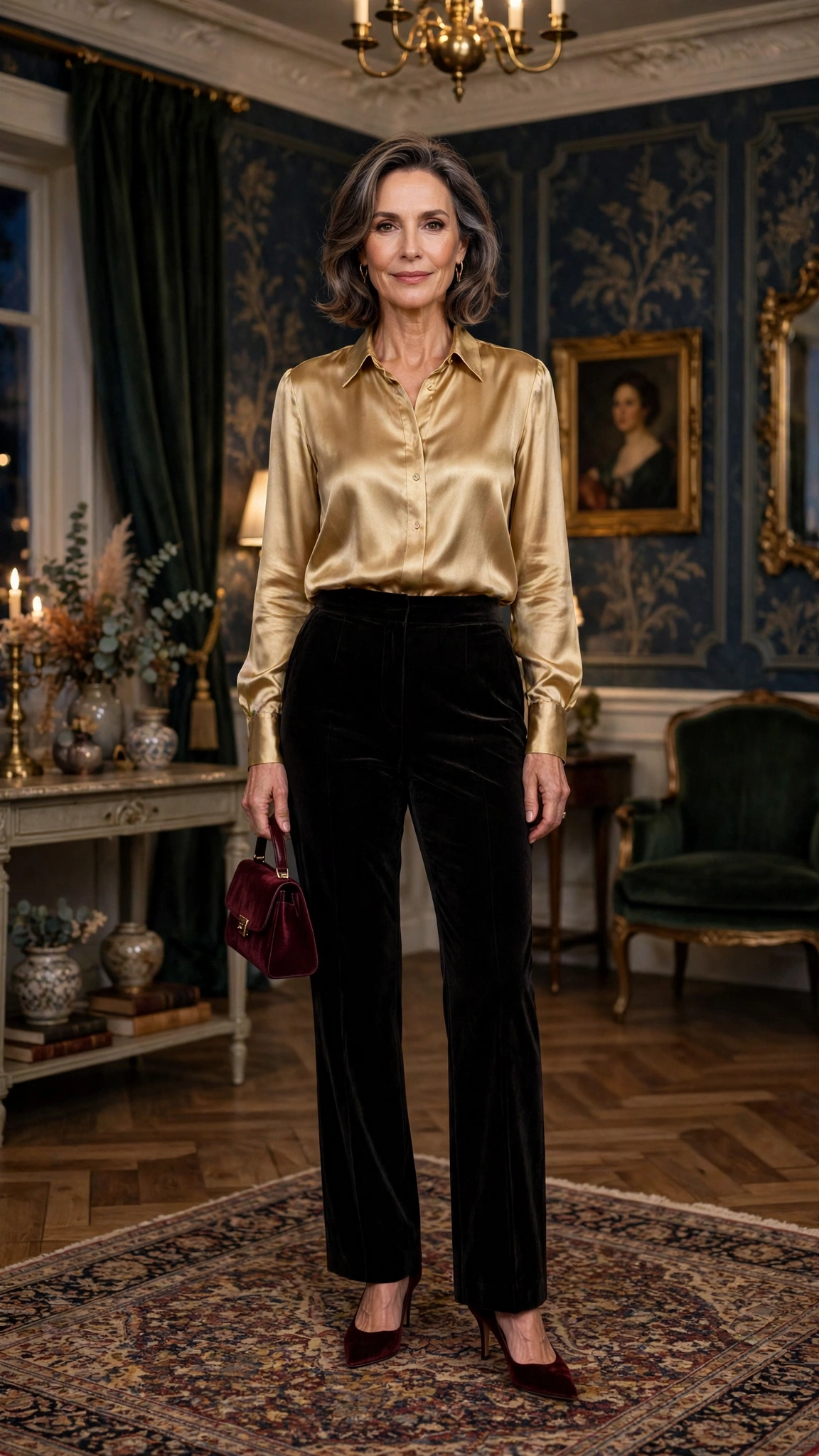 33 Women Over 50 Velvet Trousers and Silk Blouse Outfits for New Year Drinks That Are Chic, Warm and Elegant 10 Black Velvet Trousers with a Gold Silk Blouse and Burgundy Heels