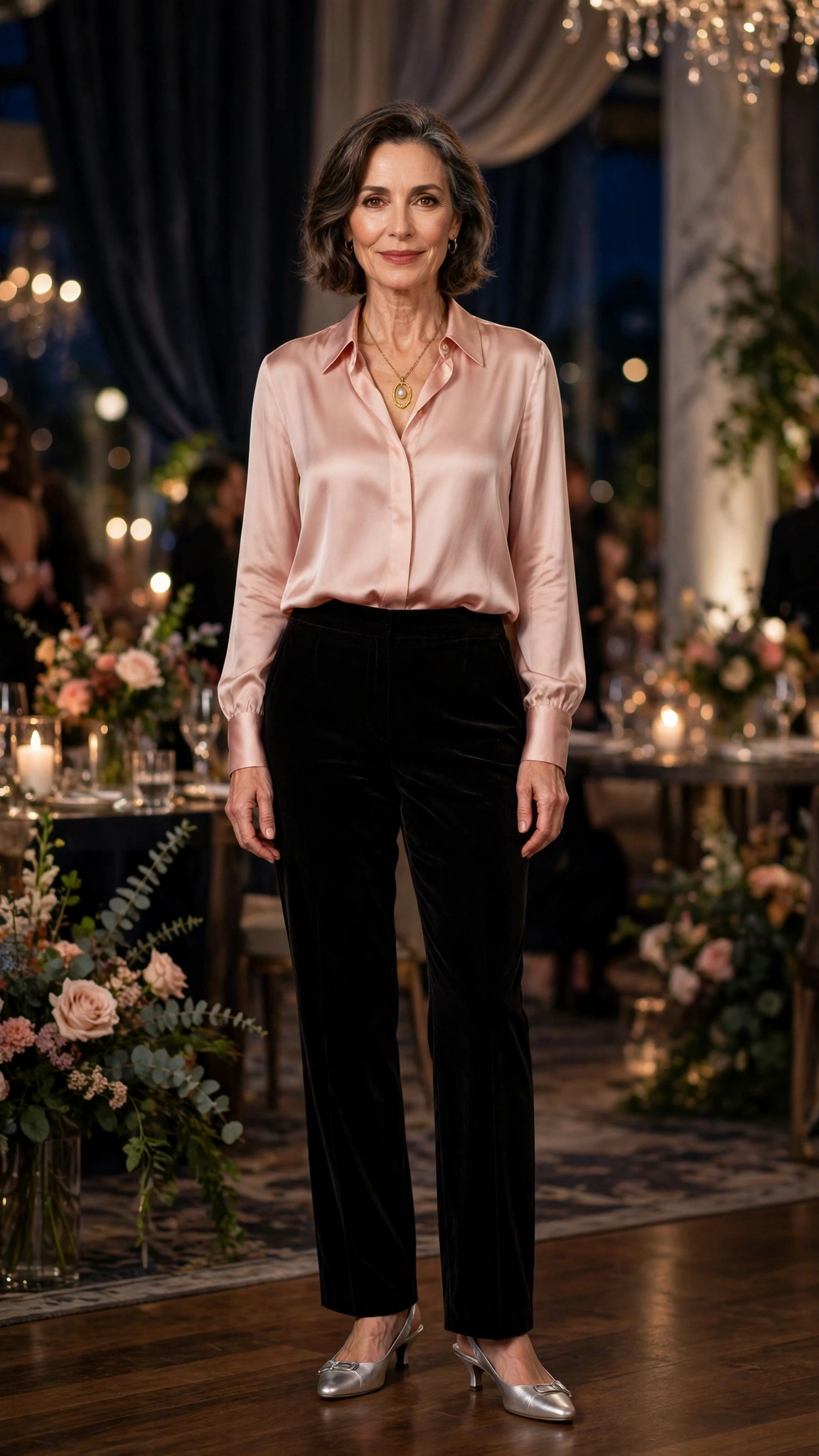 33 Women Over 50 Velvet Trousers and Silk Blouse Outfits for New Year Drinks That Are Chic, Warm and Elegant 12 Black Velvet Trousers with a Blush Silk Blouse and Silver Low Heels