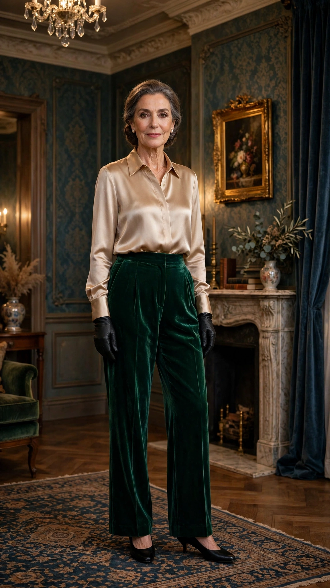 33 Women Over 50 Velvet Trousers and Silk Blouse Outfits for New Year Drinks That Are Chic, Warm and Elegant 15 Emerald Velvet Trousers with a Champagne Satin Blouse and Black Low-heel Pumps
