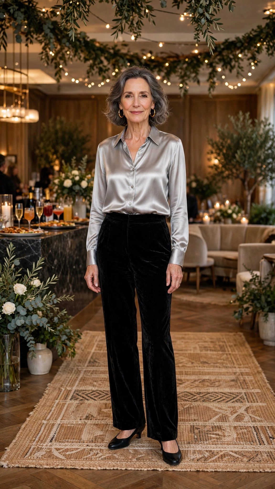 33 Women Over 50 Velvet Trousers and Silk Blouse Outfits for New Year Drinks That Are Chic, Warm and Elegant 16 Black Velvet Trousers with a Silver Silk Blouse and Black Low-heel Pumps