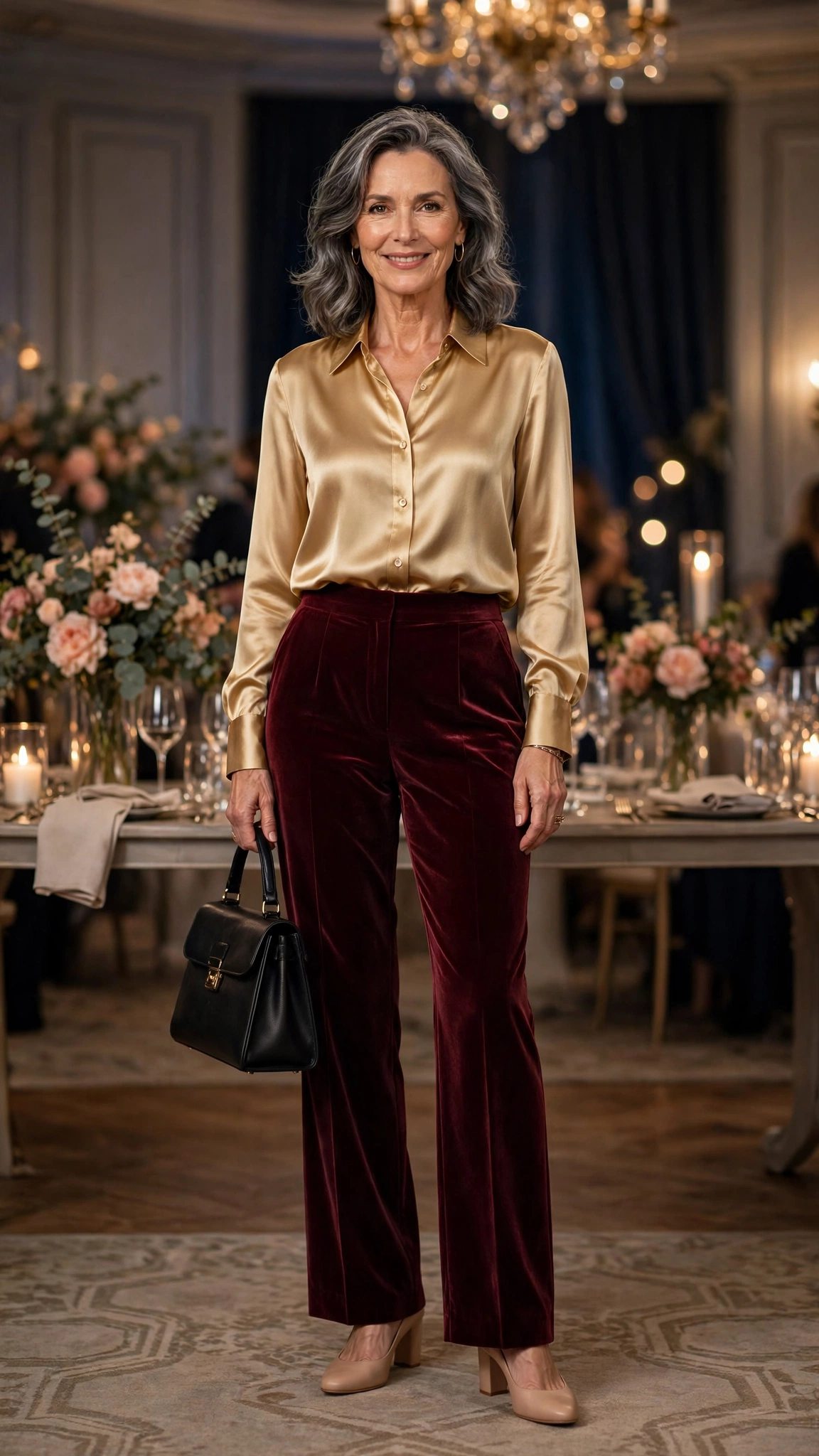 33 Women Over 50 Velvet Trousers and Silk Blouse Outfits for New Year Drinks That Are Chic, Warm and Elegant 17 Burgundy Velvet Trousers with a Gold Silk Blouse and Nude Comfortable Heels