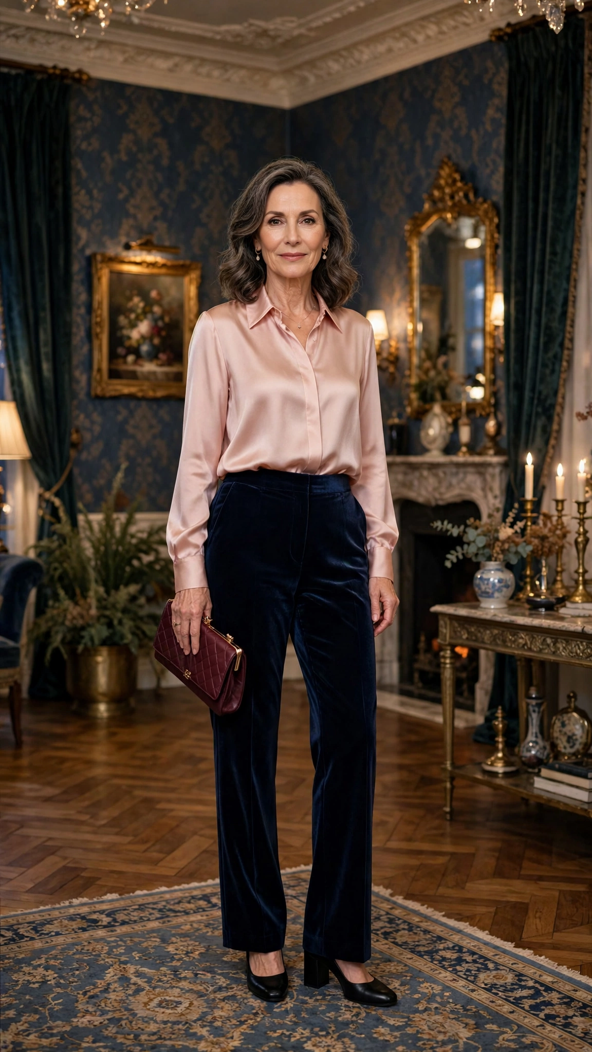 33 Women Over 50 Velvet Trousers and Silk Blouse Outfits for New Year Drinks That Are Chic, Warm and Elegant 20 Navy Velvet Trousers with a Blush Silk Blouse and Black Block Heels