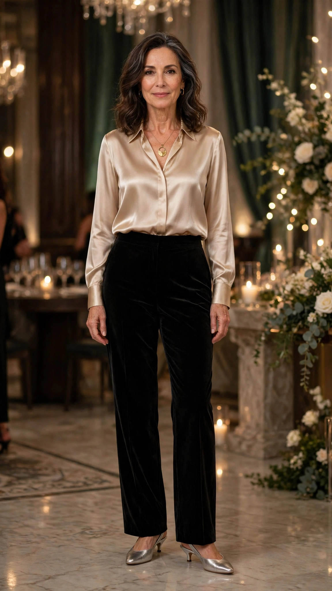 33 Women Over 50 Velvet Trousers and Silk Blouse Outfits for New Year Drinks That Are Chic, Warm and Elegant 22 Black Velvet Trousers with a Champagne Satin Blouse and Silver Low Heels