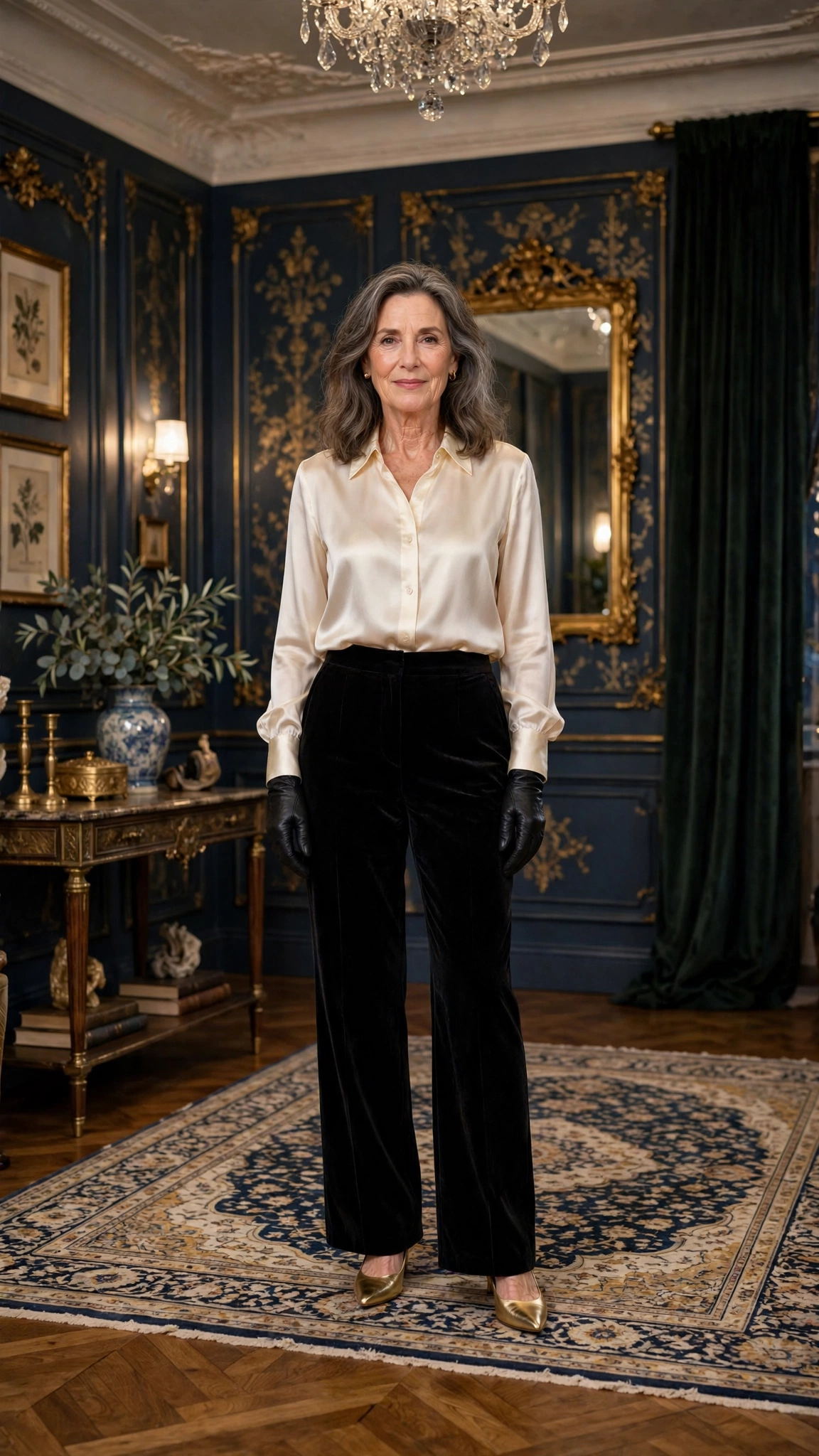 33 Women Over 50 Velvet Trousers and Silk Blouse Outfits for New Year Drinks That Are Chic, Warm and Elegant 25 Black Velvet Trousers with a Cream Silk Blouse and Gold Pumps