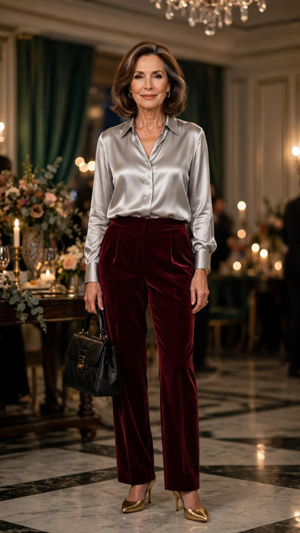 33 Women Over 50 Velvet Trousers and Silk Blouse Outfits for New Year Drinks That Are Chic, Warm and Elegant 27 Burgundy Velvet Trousers with a Silver Silk Blouse and Gold Pumps