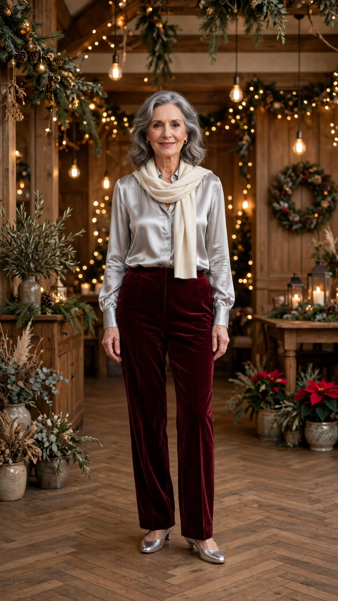 33 Women Over 50 Velvet Trousers and Silk Blouse Outfits for New Year Drinks That Are Chic, Warm and Elegant 28 Burgundy Velvet Trousers with a Silver Silk Blouse and Silver Low Heels