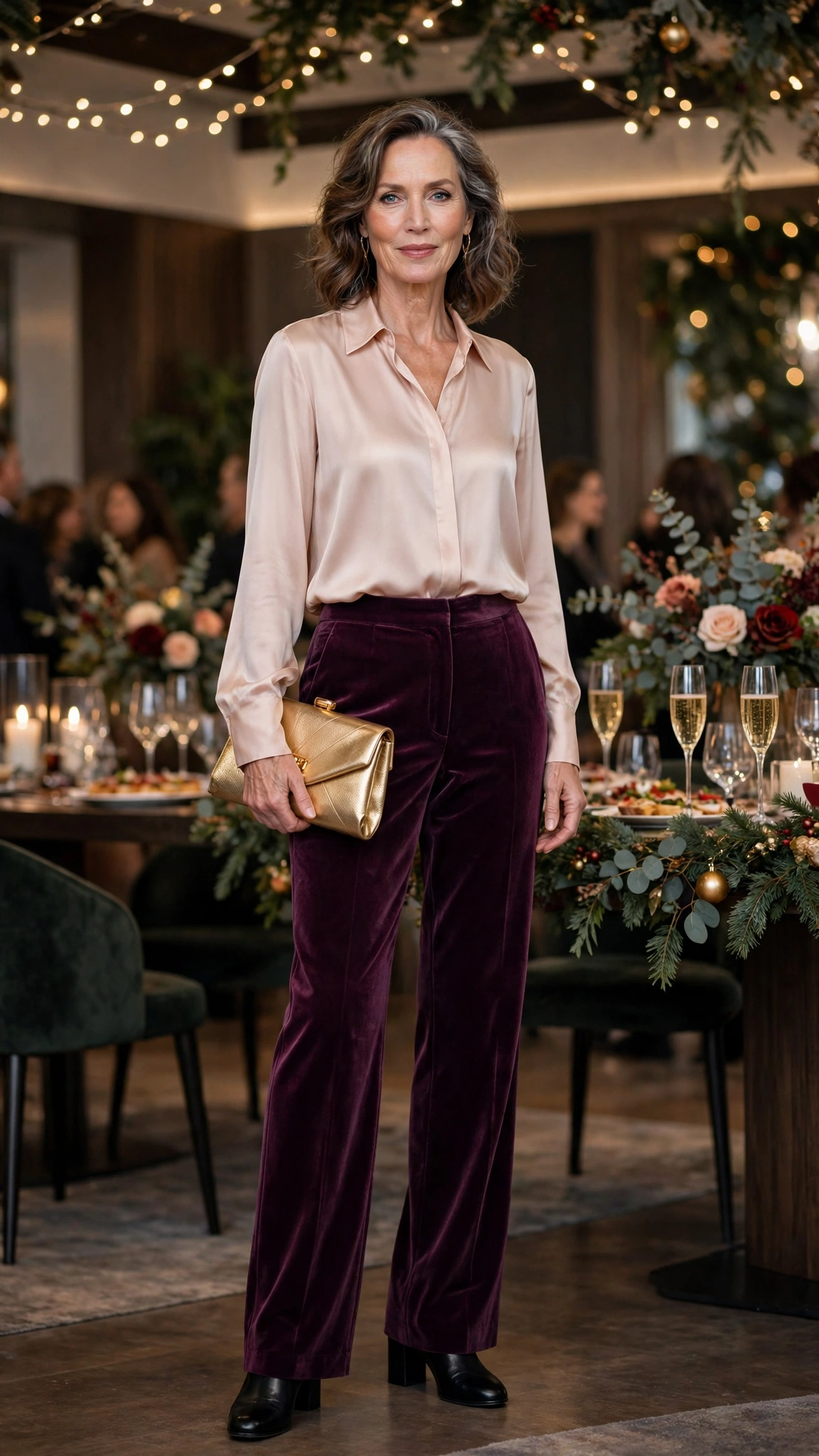 33 Women Over 50 Velvet Trousers and Silk Blouse Outfits for New Year Drinks That Are Chic, Warm and Elegant 31 Plum Velvet Trousers with a Blush Silk Blouse and Black Block Heels