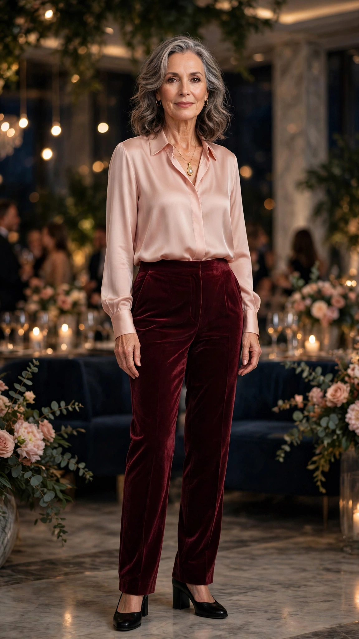 33 Women Over 50 Velvet Trousers and Silk Blouse Outfits for New Year Drinks That Are Chic, Warm and Elegant 32 Burgundy Velvet Trousers with a Blush Silk Blouse and Black Block Heels