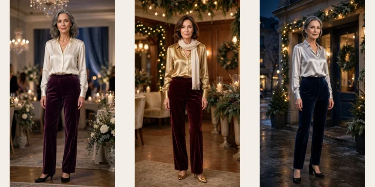 33 Women Over 50 Velvet Trousers and Silk Blouse Outfits for New Year Drinks That Are Chic, Warm and Elegant