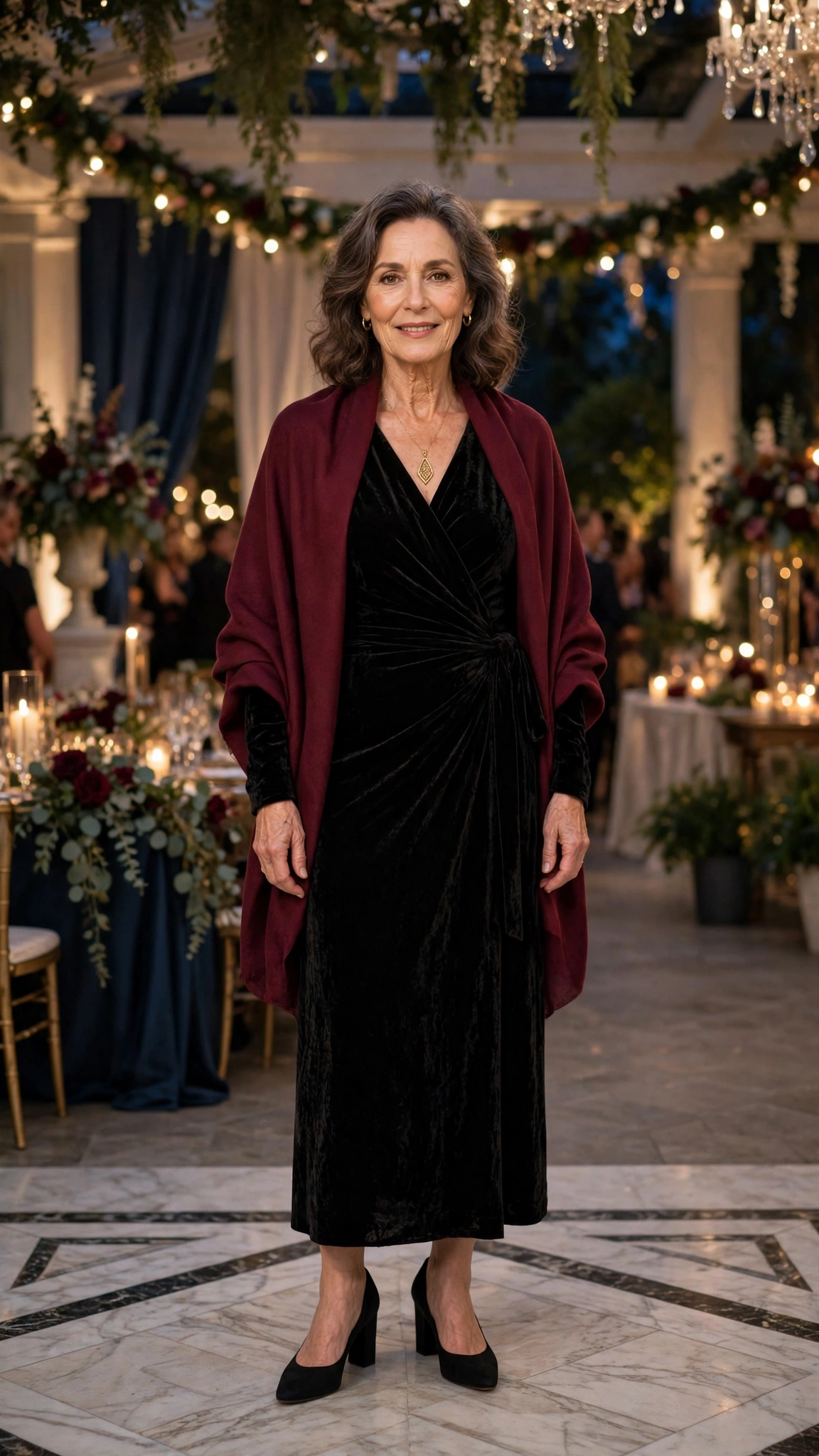 25 Women Over 50 Velvet Wrap Dress Outfits for Festive Evenings That Are Chic, Warm and Elegant 2 Black Velvet Wrap Dress with a Burgundy Wrap and Black Block Heels