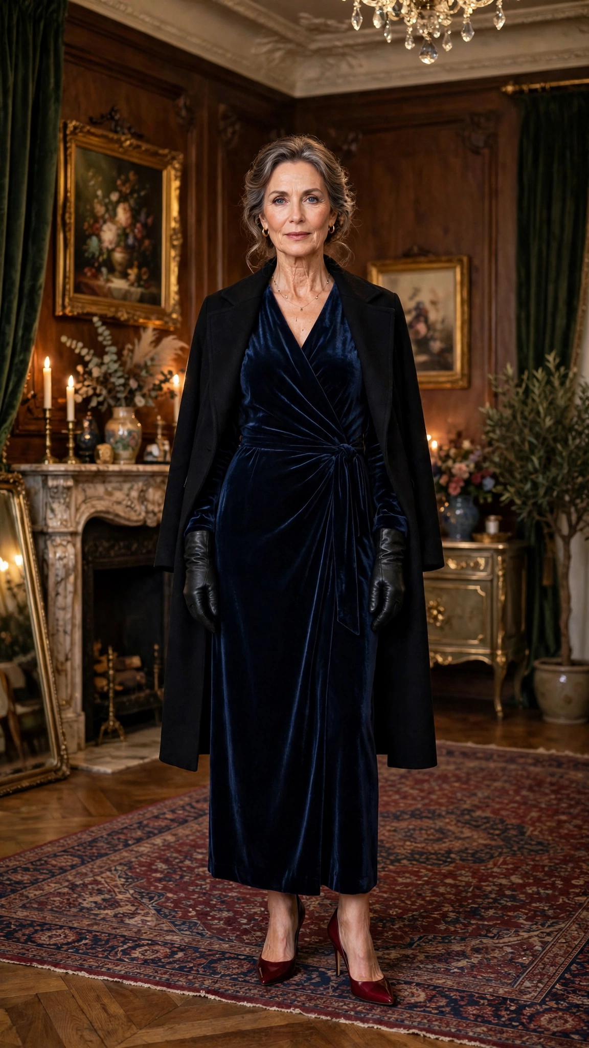 25 Women Over 50 Velvet Wrap Dress Outfits for Festive Evenings That Are Chic, Warm and Elegant 5 Navy Velvet Wrap Dress with a Black Coat and Wine Heels