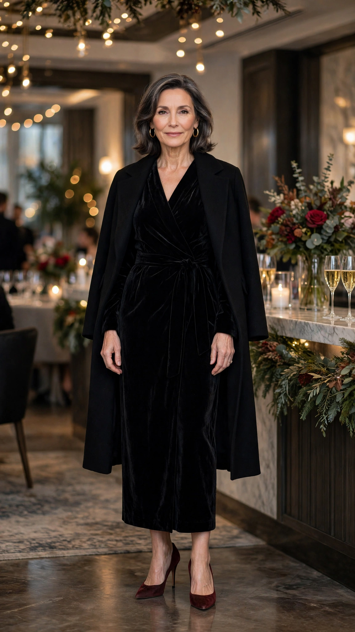 25 Women Over 50 Velvet Wrap Dress Outfits for Festive Evenings That Are Chic, Warm and Elegant 6 Black Velvet Wrap Dress with a Black Coat and Wine Heels