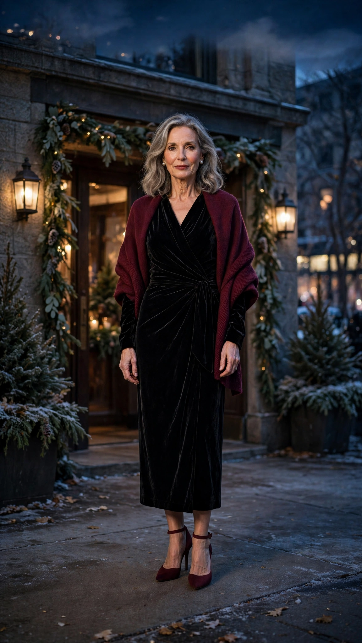 25 Women Over 50 Velvet Wrap Dress Outfits for Festive Evenings That Are Chic, Warm and Elegant 9 Black Velvet Wrap Dress with a Burgundy Wrap and Burgundy Heels