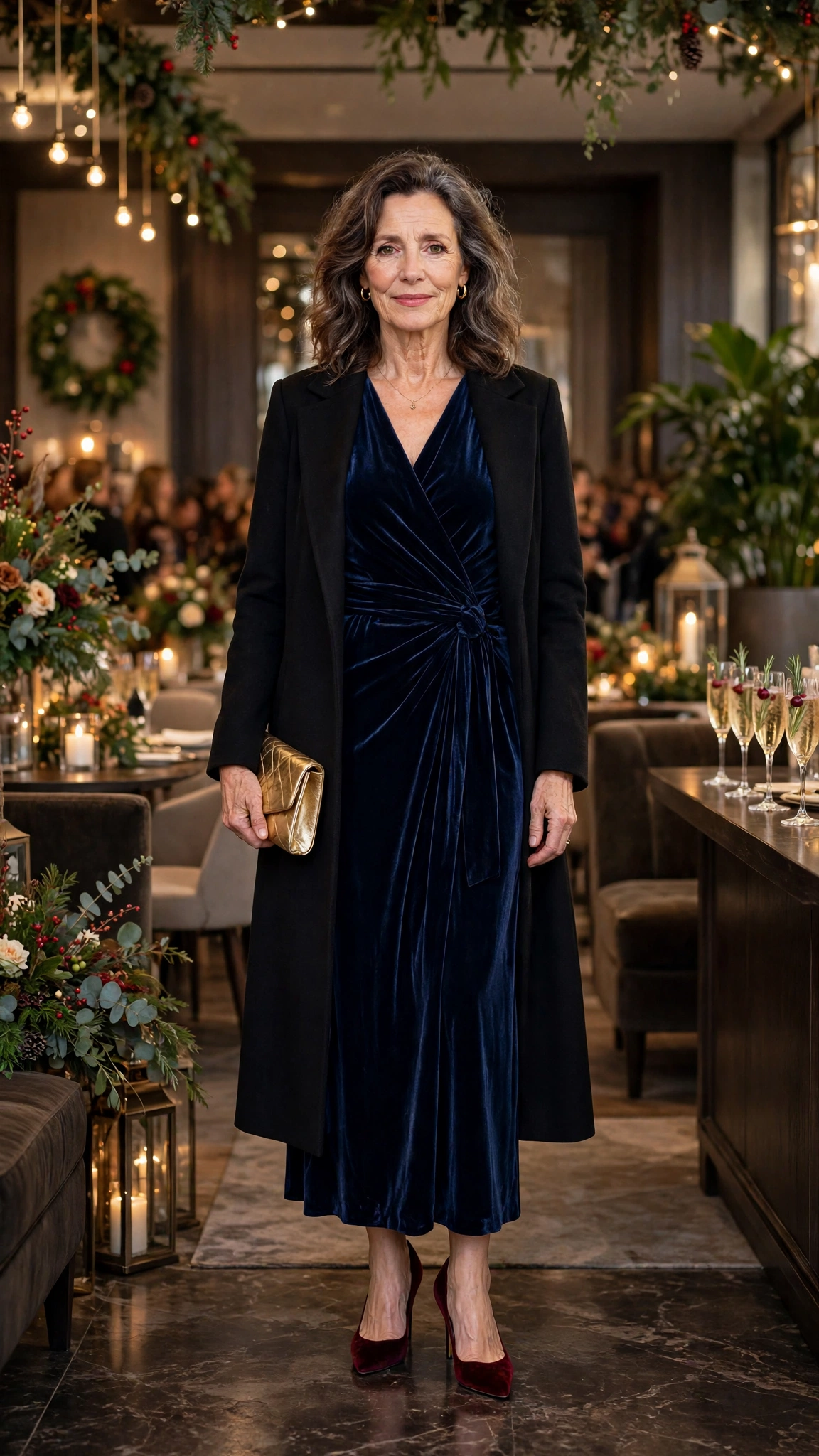 25 Women Over 50 Velvet Wrap Dress Outfits for Festive Evenings That Are Chic, Warm and Elegant 11 Navy Velvet Wrap Dress with a Black Coat and Burgundy Heels