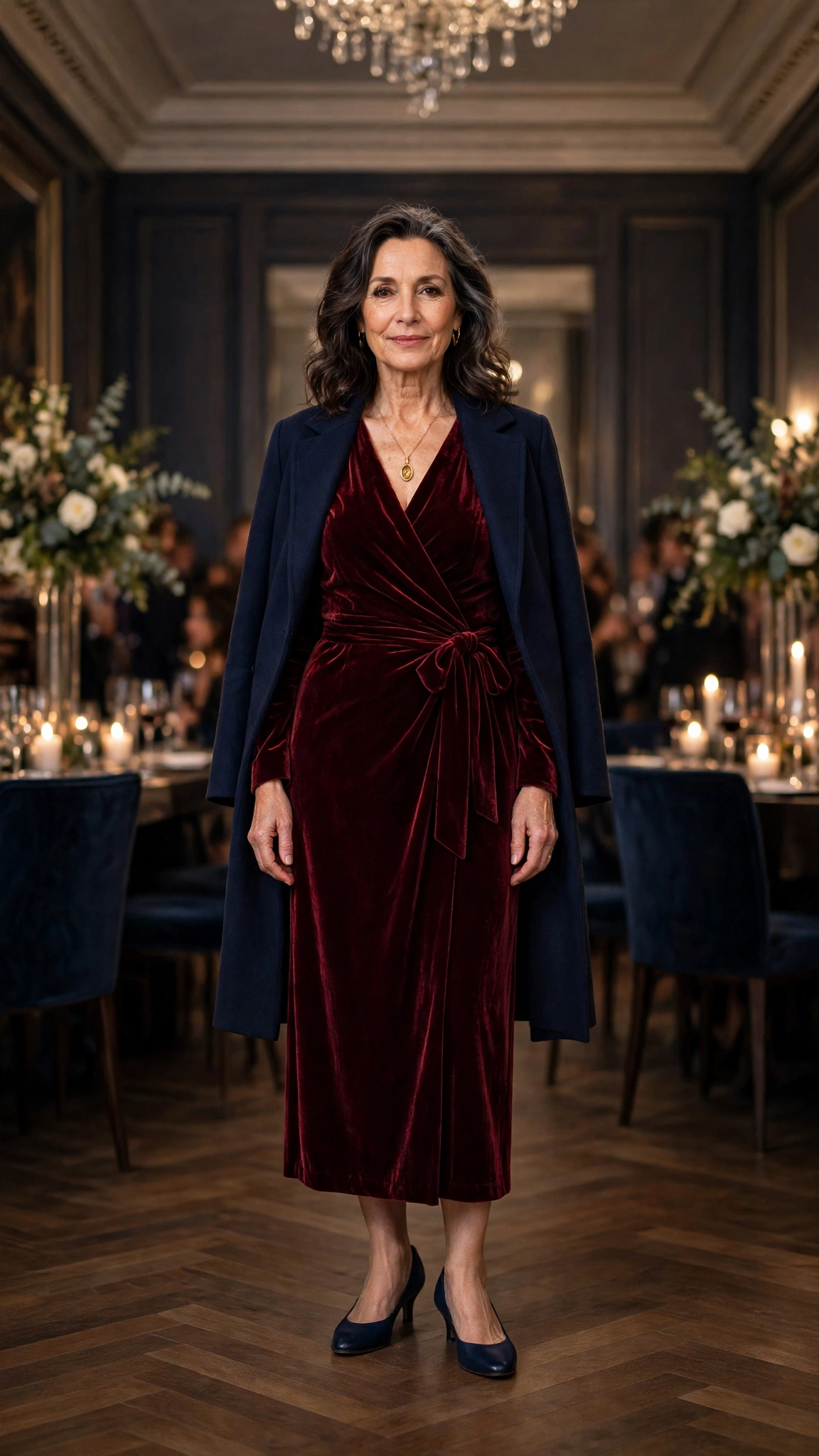 25 Women Over 50 Velvet Wrap Dress Outfits for Festive Evenings That Are Chic, Warm and Elegant 12 Burgundy Velvet Wrap Dress with a Navy Coat and Navy Low Heels