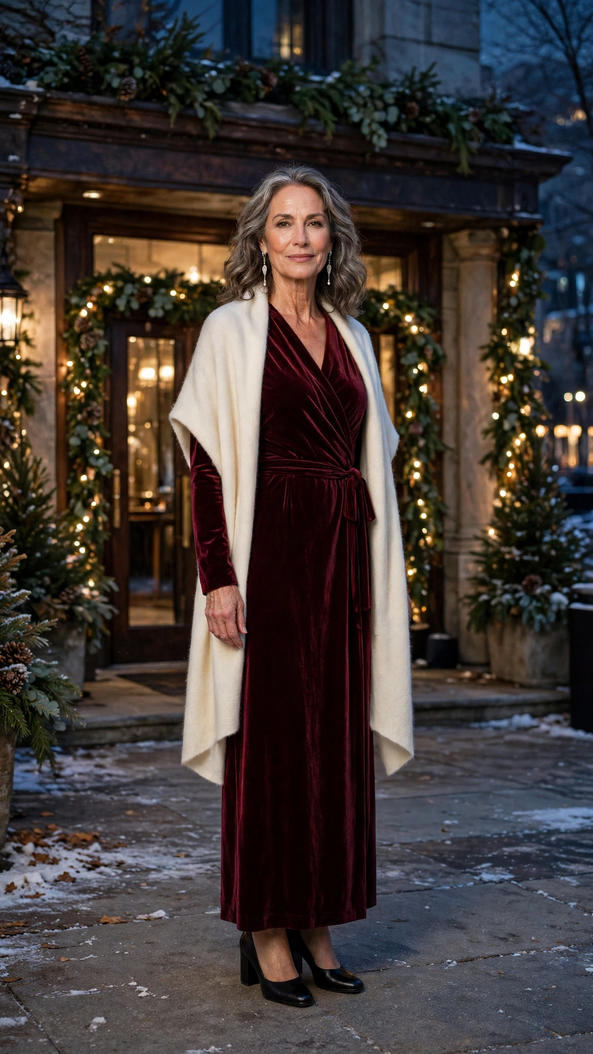 25 Women Over 50 Velvet Wrap Dress Outfits for Festive Evenings That Are Chic, Warm and Elegant 14 Burgundy Velvet Wrap Dress with a Cream Stole and Black Block Heels
