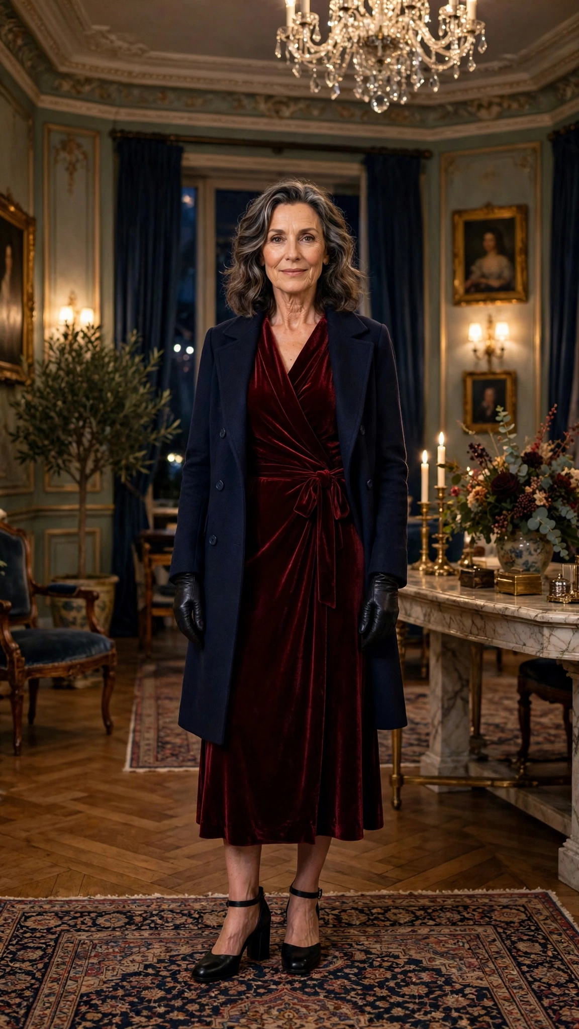 25 Women Over 50 Velvet Wrap Dress Outfits for Festive Evenings That Are Chic, Warm and Elegant 15 Burgundy Velvet Wrap Dress with a Navy Coat and Black Block Heels