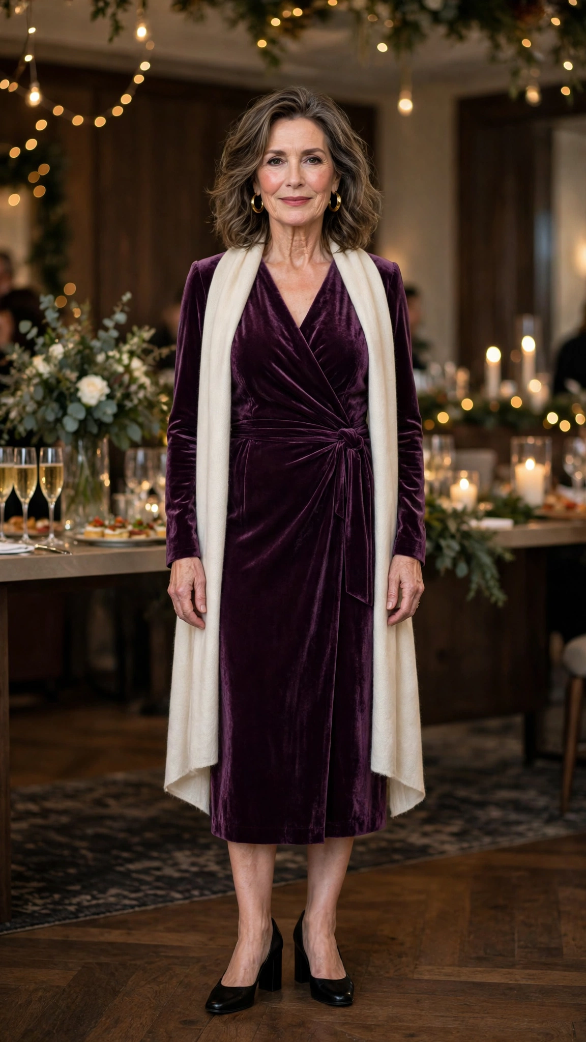 25 Women Over 50 Velvet Wrap Dress Outfits for Festive Evenings That Are Chic, Warm and Elegant 16 Plum Velvet Wrap Dress with a Cream Stole and Black Block Heels