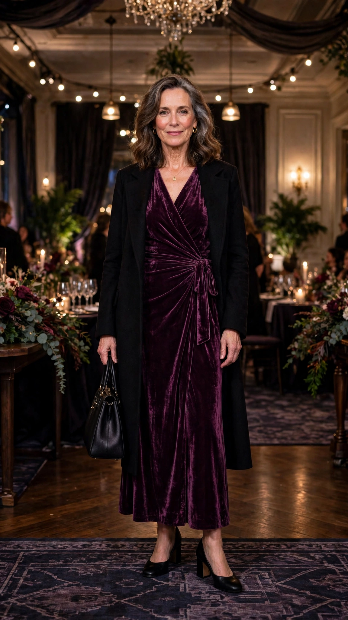25 Women Over 50 Velvet Wrap Dress Outfits for Festive Evenings That Are Chic, Warm and Elegant 17 Plum Velvet Wrap Dress with a Black Coat and Black Block Heels