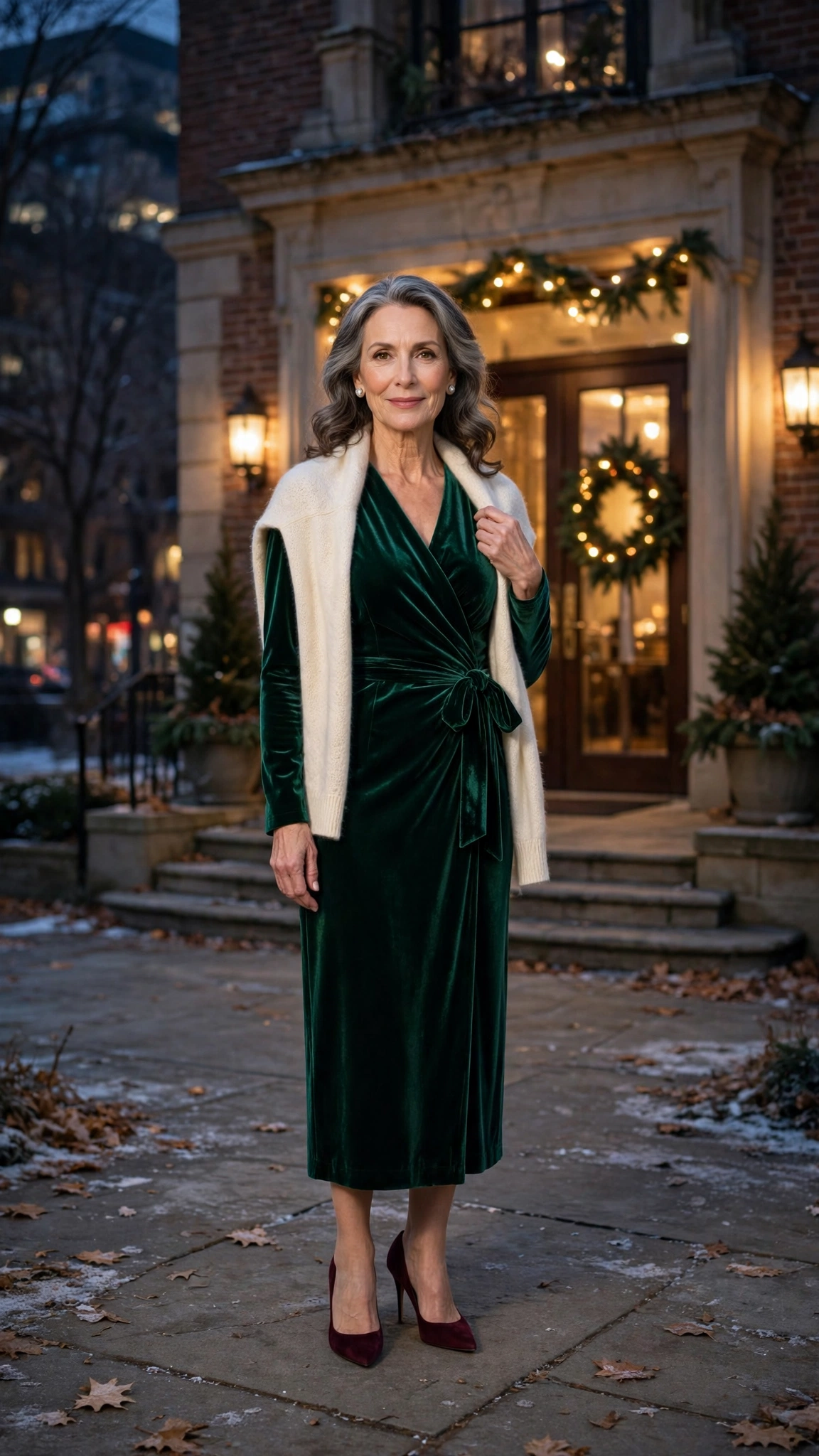 25 Women Over 50 Velvet Wrap Dress Outfits for Festive Evenings That Are Chic, Warm and Elegant 19 Emerald Velvet Wrap Dress with a Cream Stole and Burgundy Heels