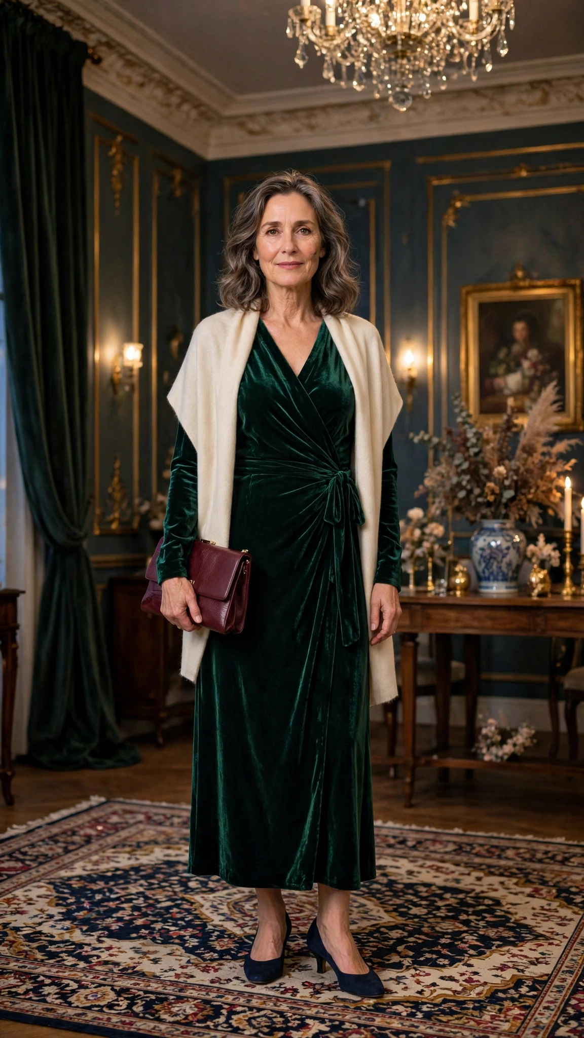 25 Women Over 50 Velvet Wrap Dress Outfits for Festive Evenings That Are Chic, Warm and Elegant 20 Emerald Velvet Wrap Dress with a Cream Stole and Navy Low Heels