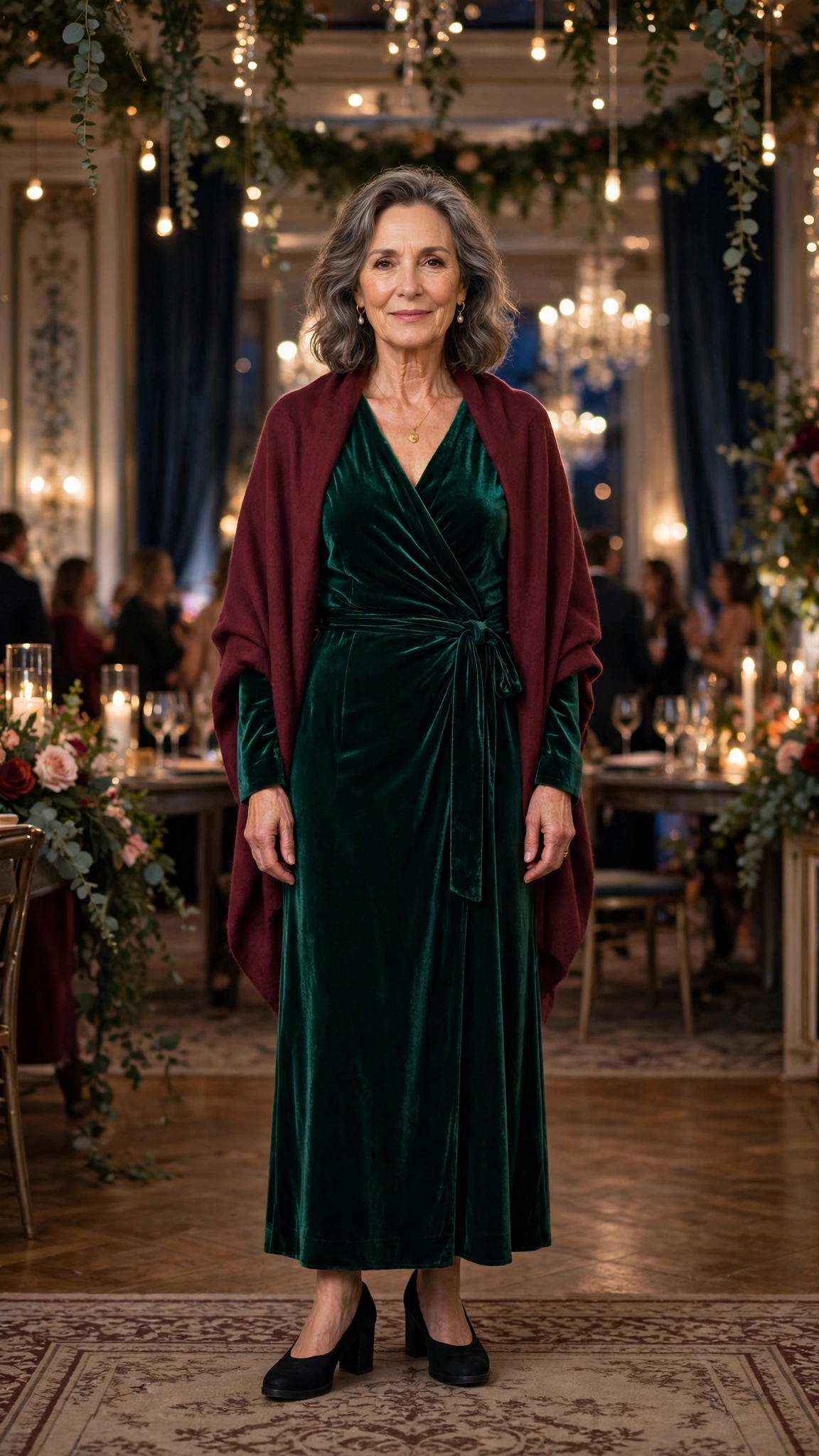 25 Women Over 50 Velvet Wrap Dress Outfits for Festive Evenings That Are Chic, Warm and Elegant 22 Emerald Velvet Wrap Dress with a Burgundy Wrap and Black Comfortable Heels