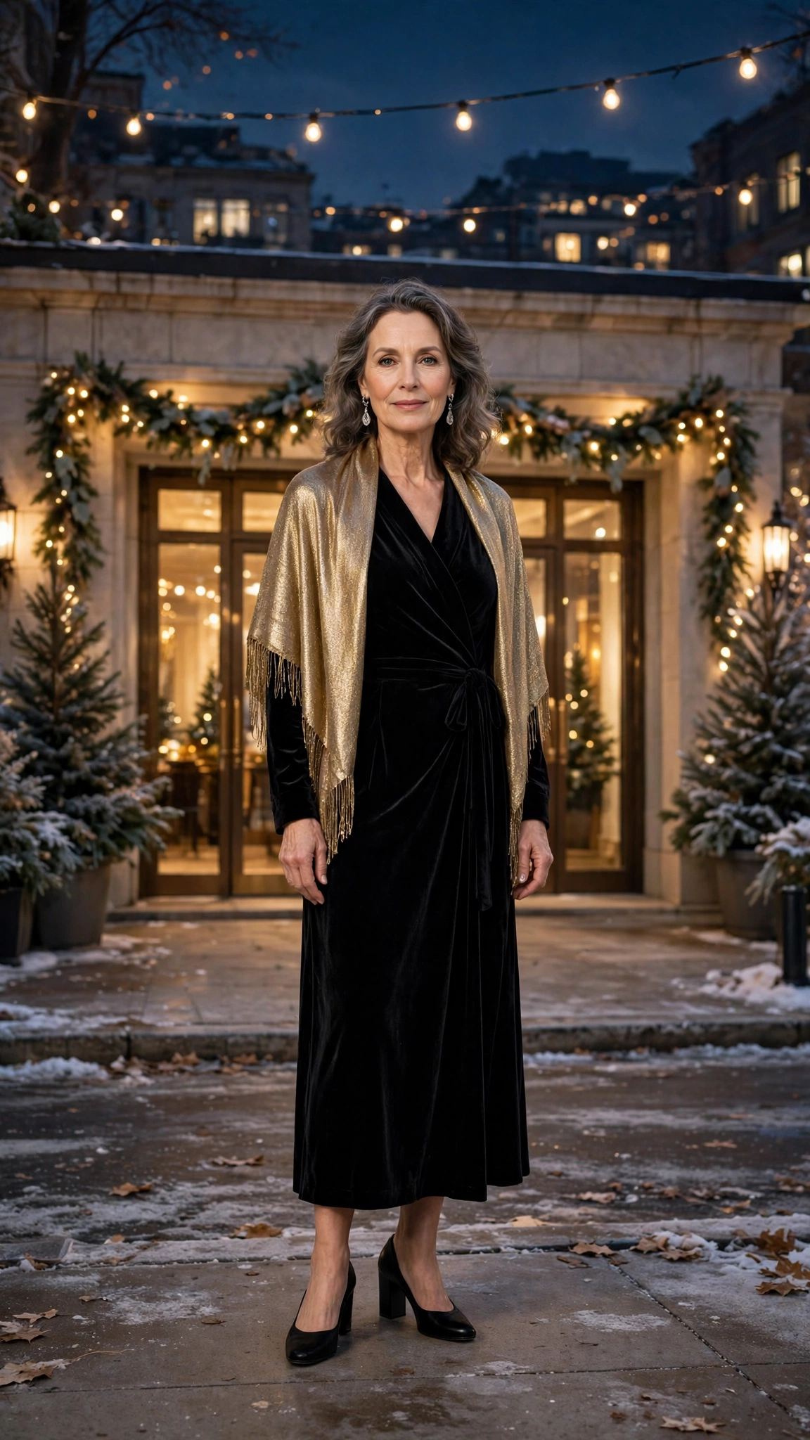 25 Women Over 50 Velvet Wrap Dress Outfits for Festive Evenings That Are Chic, Warm and Elegant 24 Black Velvet Wrap Dress with a Gold Shawl and Black Block Heels