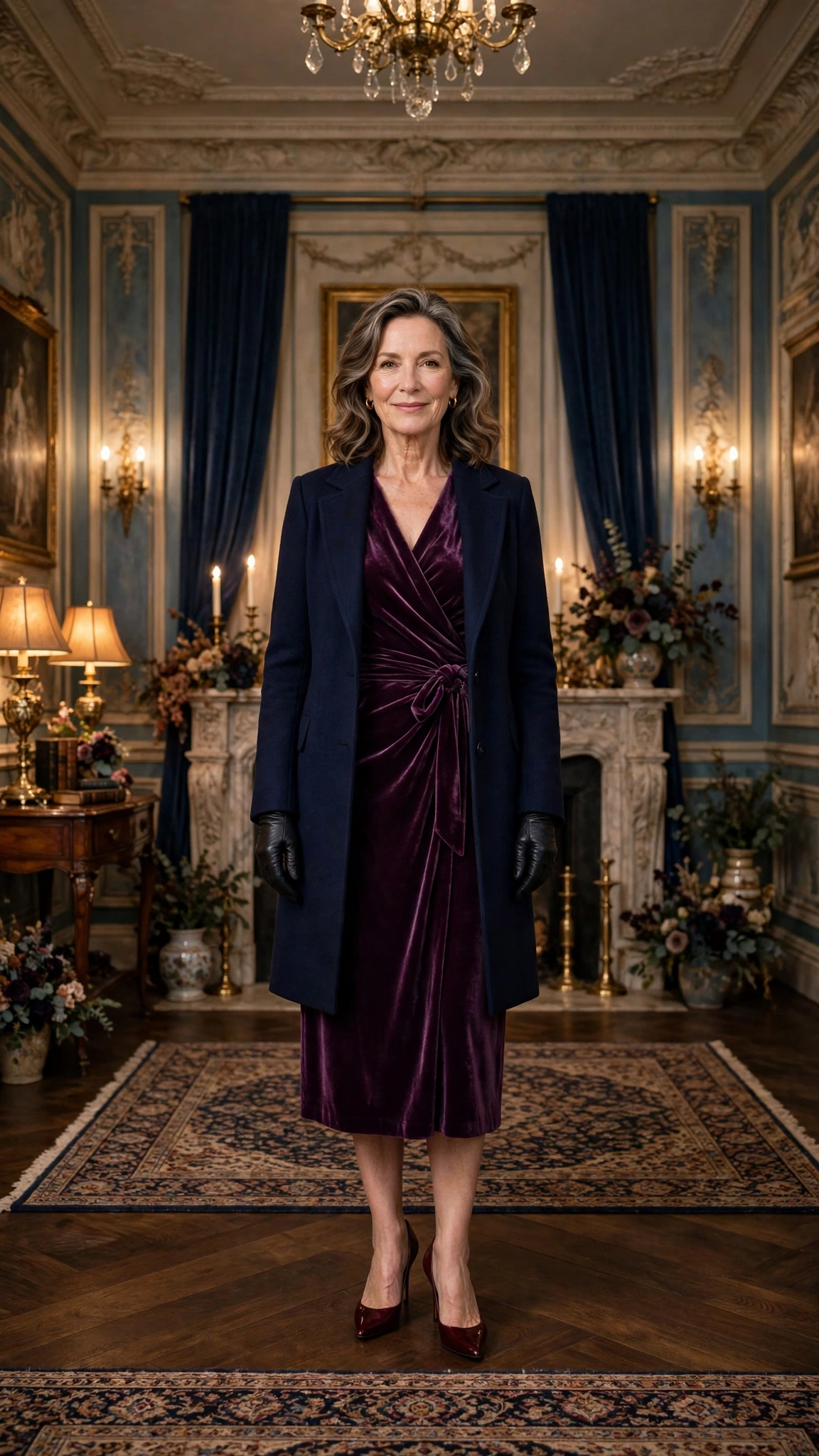 25 Women Over 50 Velvet Wrap Dress Outfits for Festive Evenings That Are Chic, Warm and Elegant 25 Plum Velvet Wrap Dress with a Navy Coat and Wine Heels
