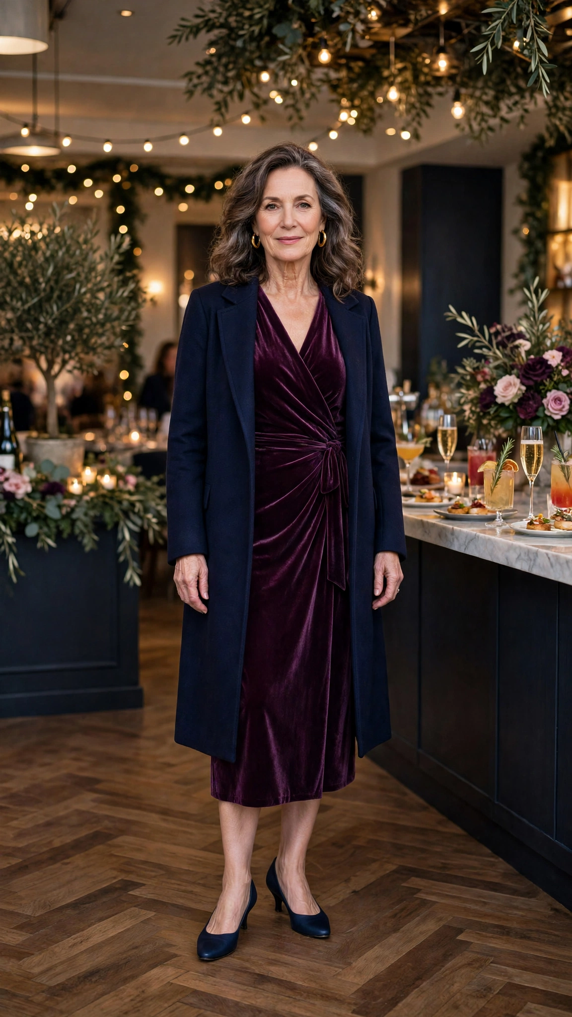 25 Women Over 50 Velvet Wrap Dress Outfits for Festive Evenings That Are Chic, Warm and Elegant 26 Plum Velvet Wrap Dress with a Navy Coat and Navy Low Heels