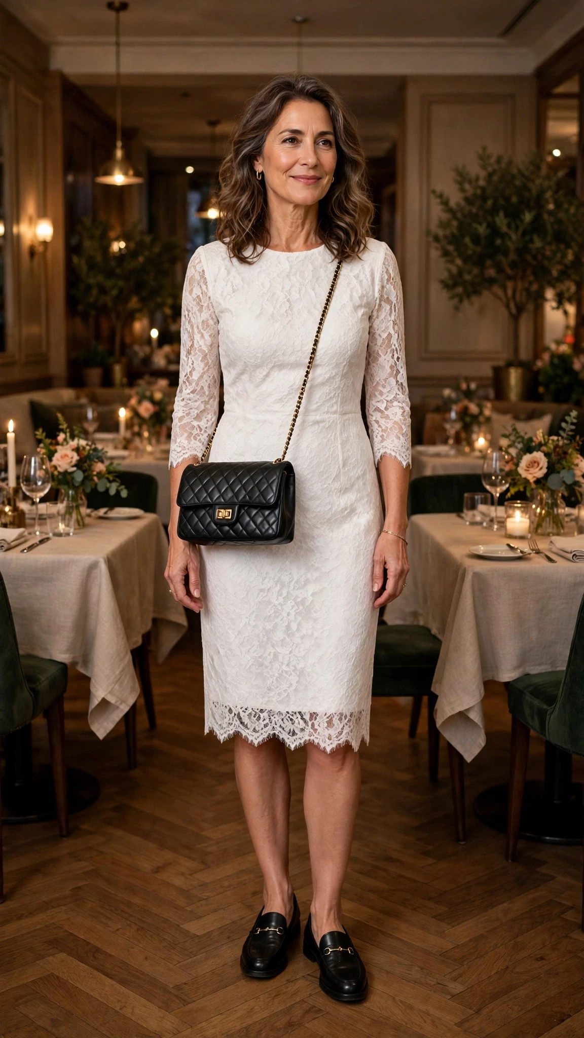 Soft white lace sheath dress with smart loafers and a chic crossbody bag