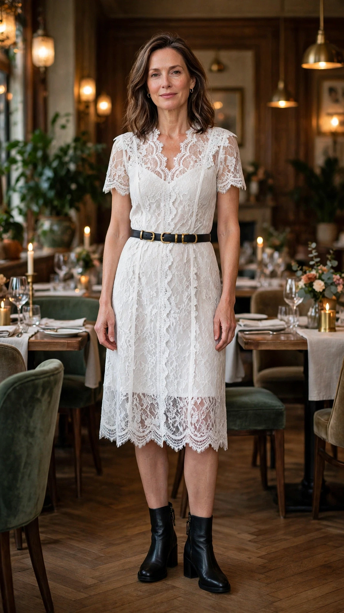 White lace scalloped dress with leather ankle boots and a slim leather belt