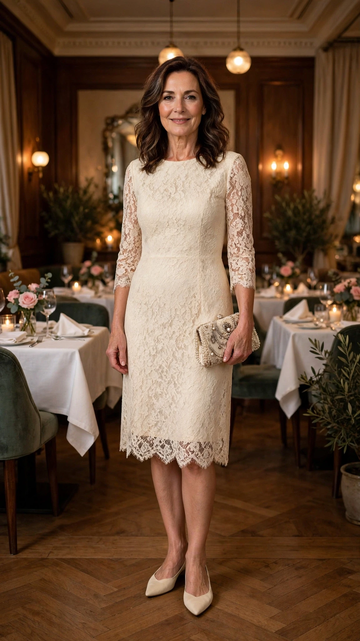 Cream lace knee-length dress with elegant pointed flats and a beaded clutch