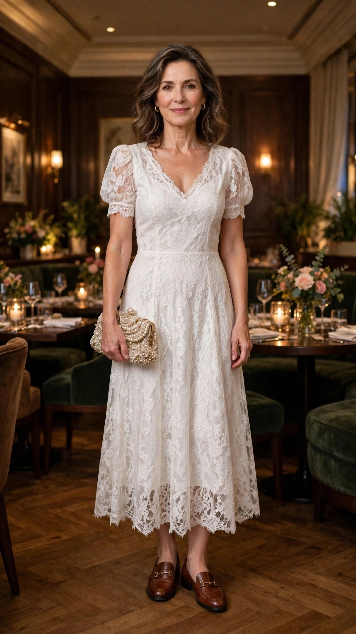 Soft white lace party dress with smart loafers and a beaded clutch