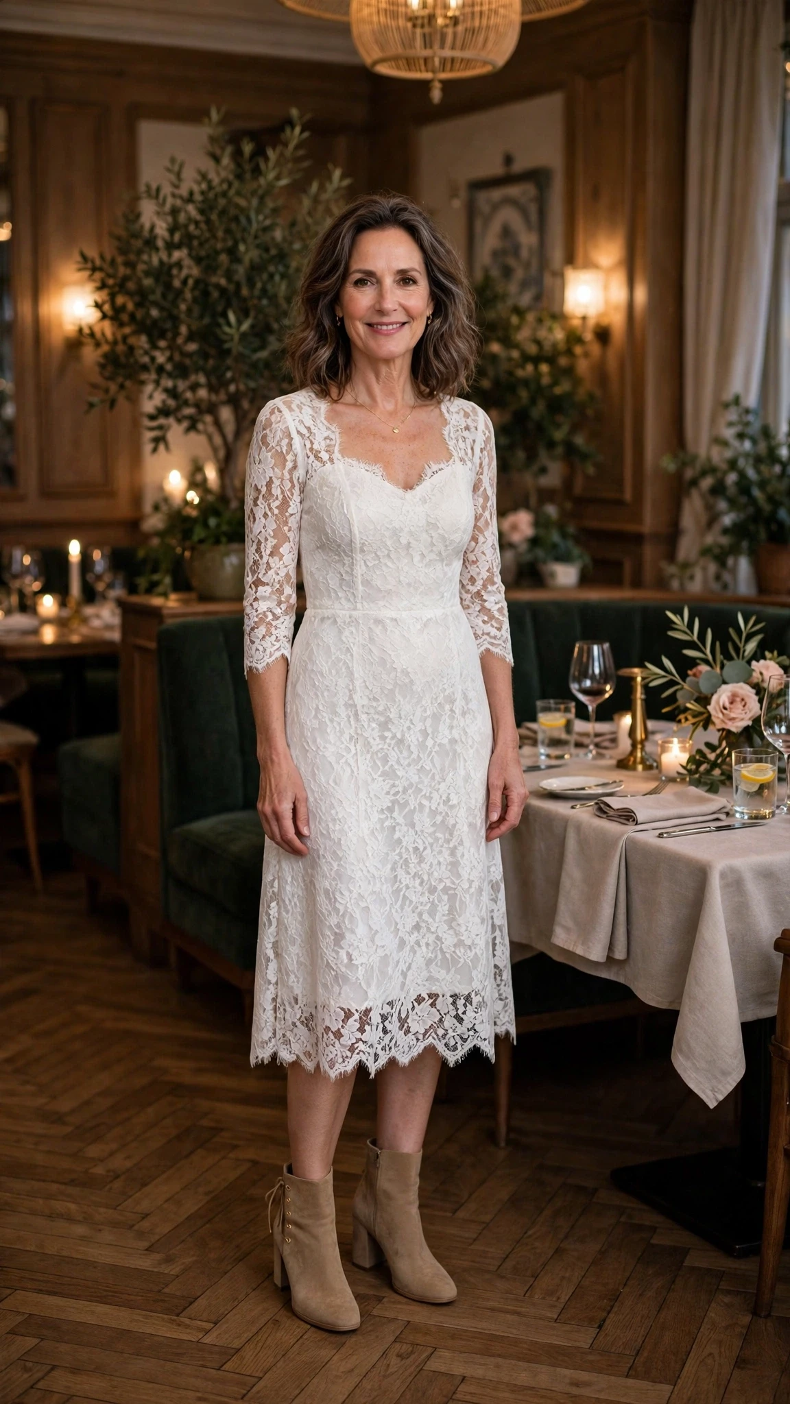 White lace tea-length dress with block-heel ankle boots and a delicate gold necklace