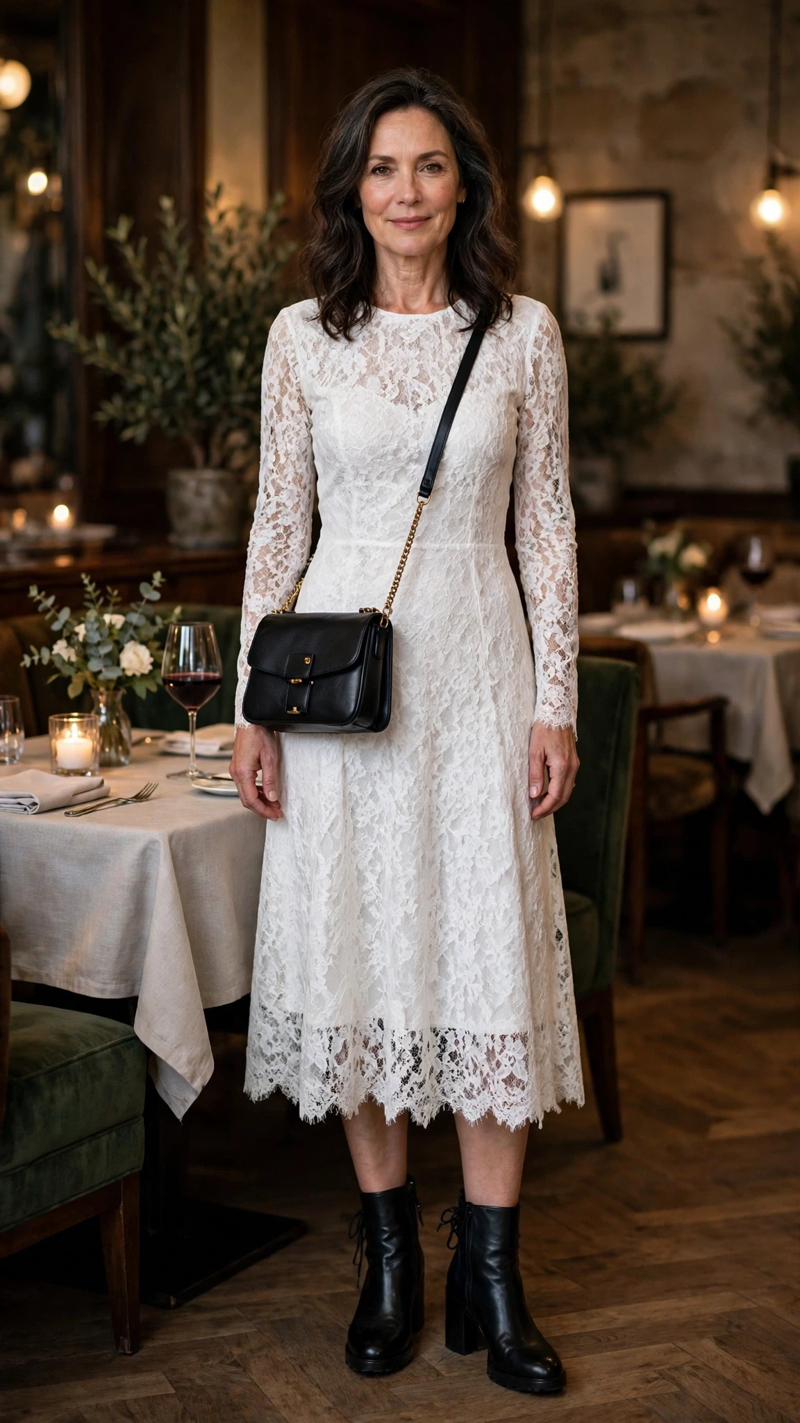 Winter white lace long-sleeve dress with leather ankle boots and a chic crossbody bag
