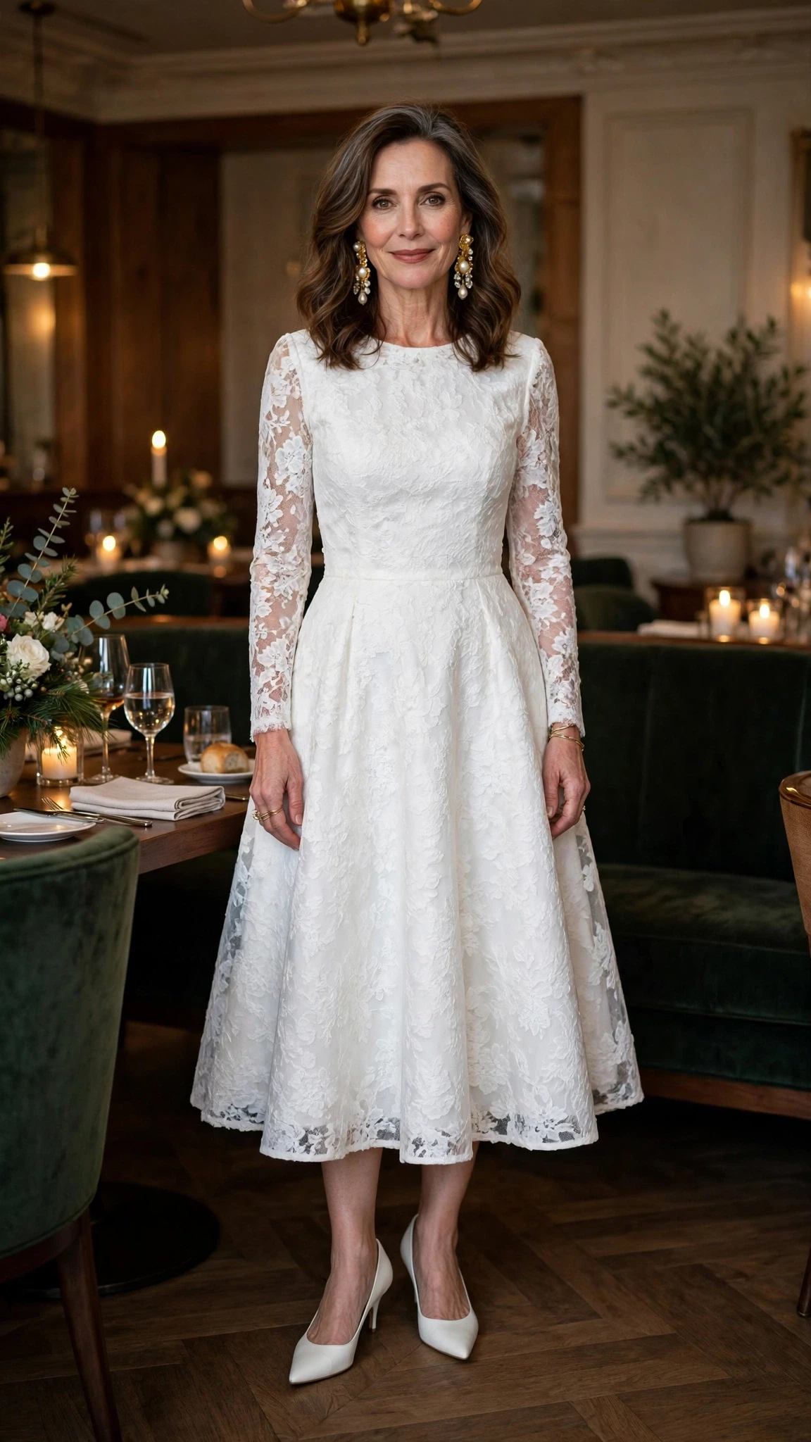 Winter white lace fit-and-flare dress with kitten heels and statement earrings