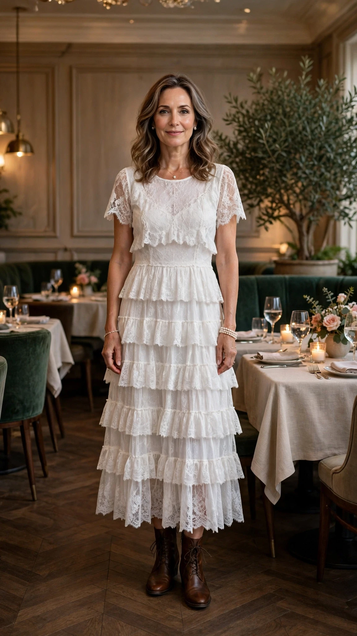 Soft white lace tiered dress with leather ankle boots and a pearl bracelet