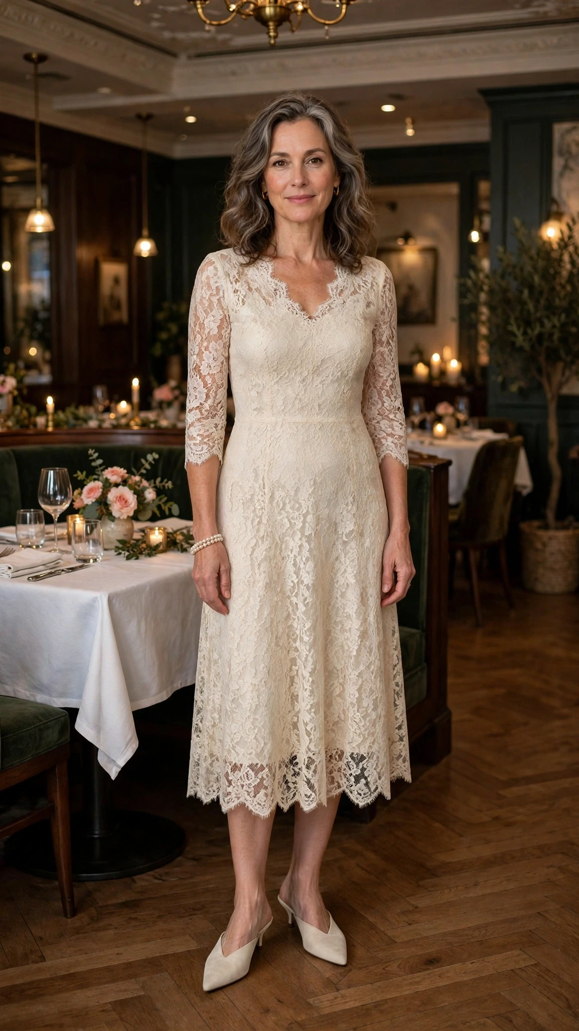 Cream lace tea-length dress with pointed mules and a pearl bracelet