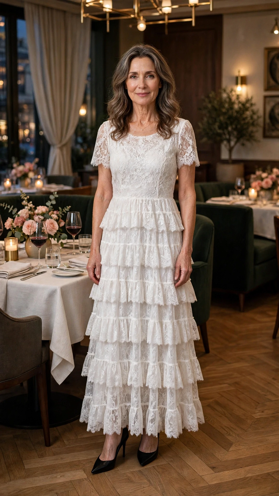 White lace tiered dress with black pointed heels and a delicate gold necklace