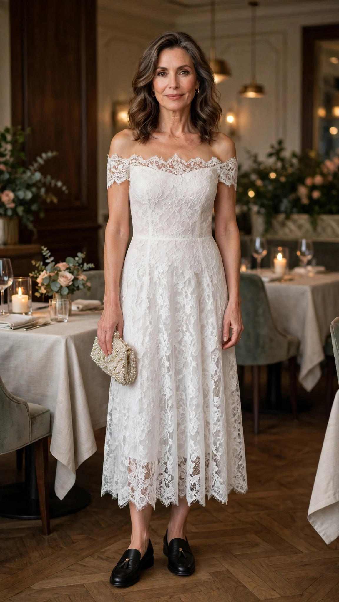 White lace off-shoulder dress with smart loafers and a beaded clutch