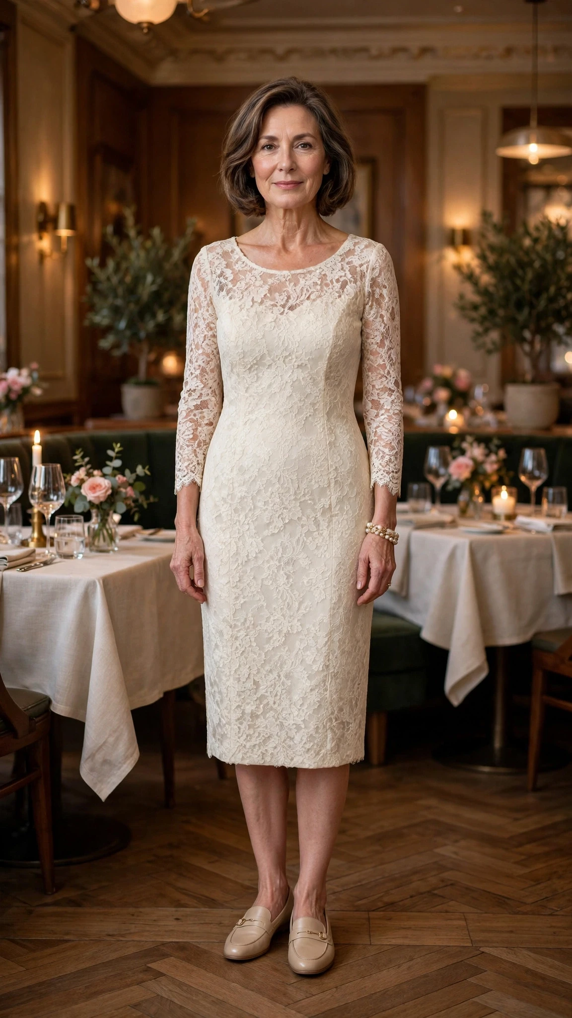 Ivory lace sheath dress with smart loafers and a pearl bracelet