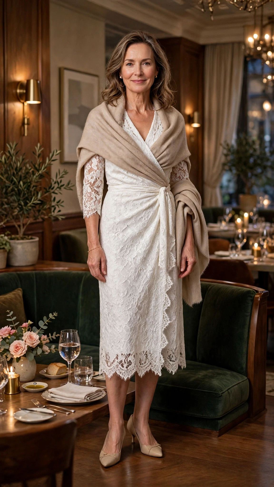 White lace wrap dress with kitten heels and a cashmere wrap
