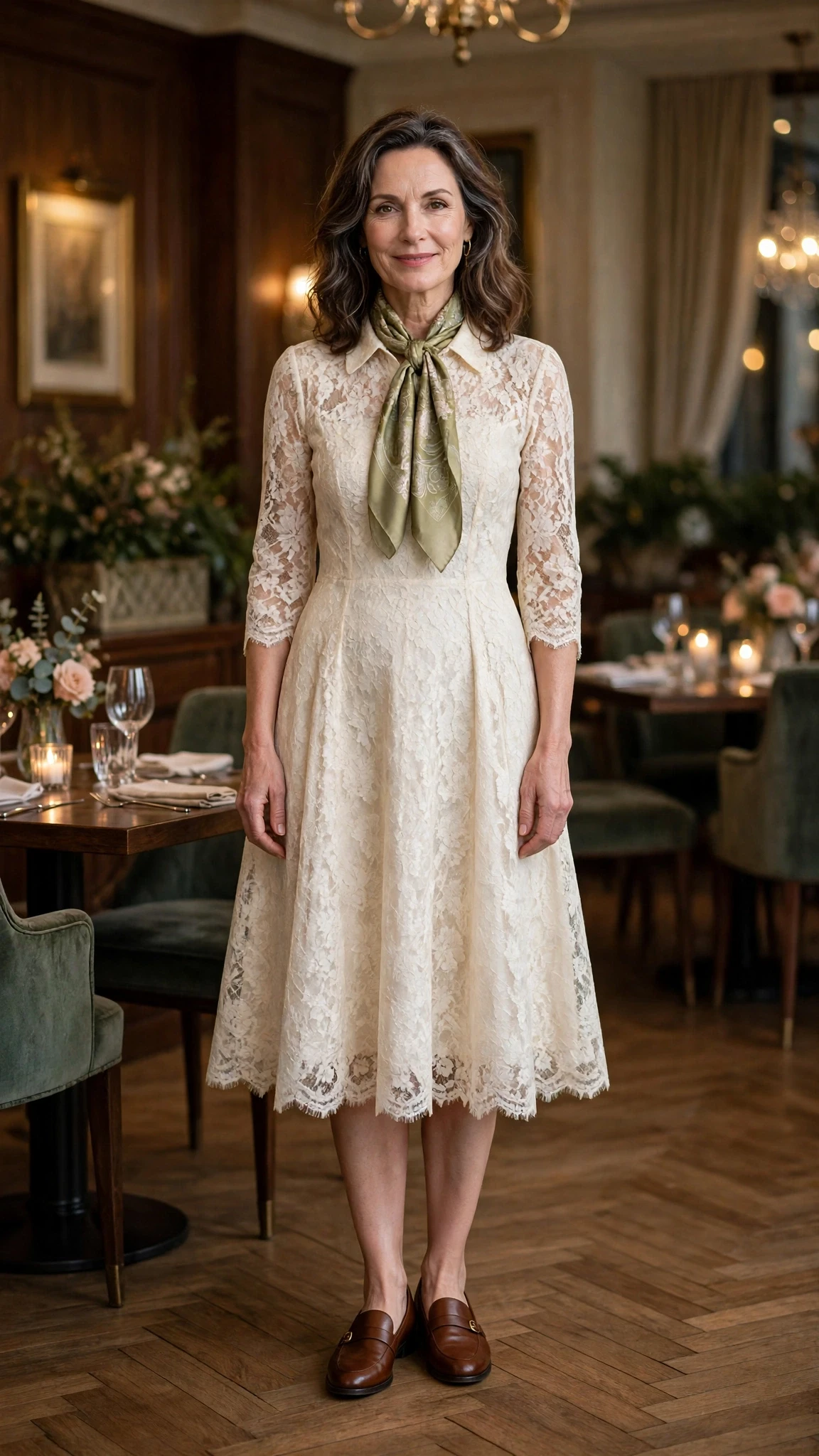 Cream lace A-line dress with smart loafers and a silk scarf