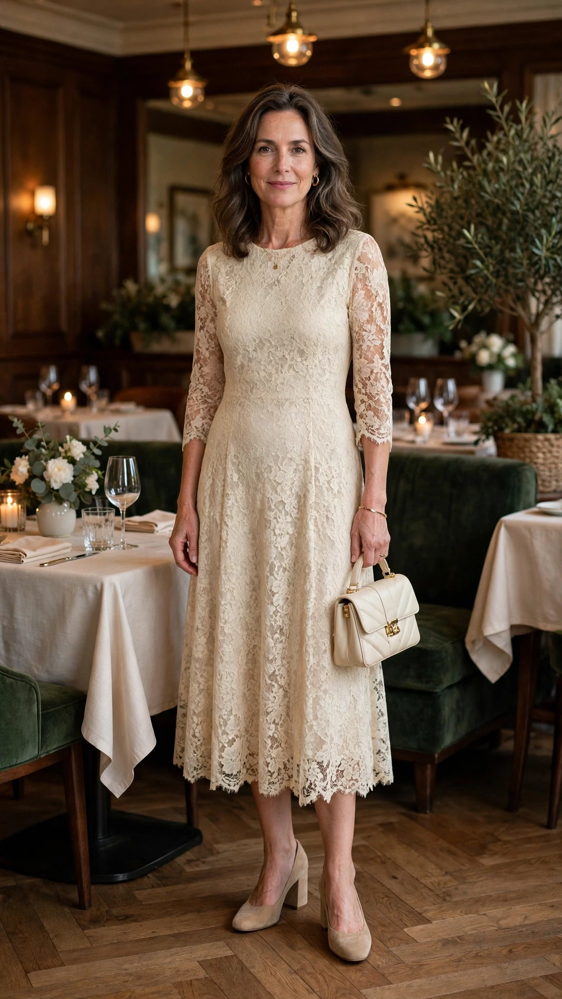 Cream lace midi dress with comfortable block heels and a small structured clutch