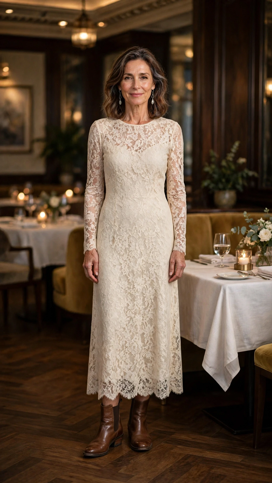 Cream lace long-sleeve dress with leather ankle boots and silver drop earrings