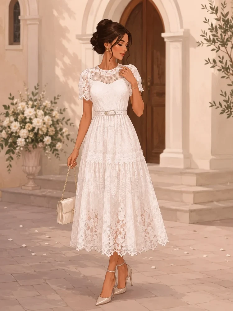 White lace tiered dress with elegant pointed flats and a silk scarf