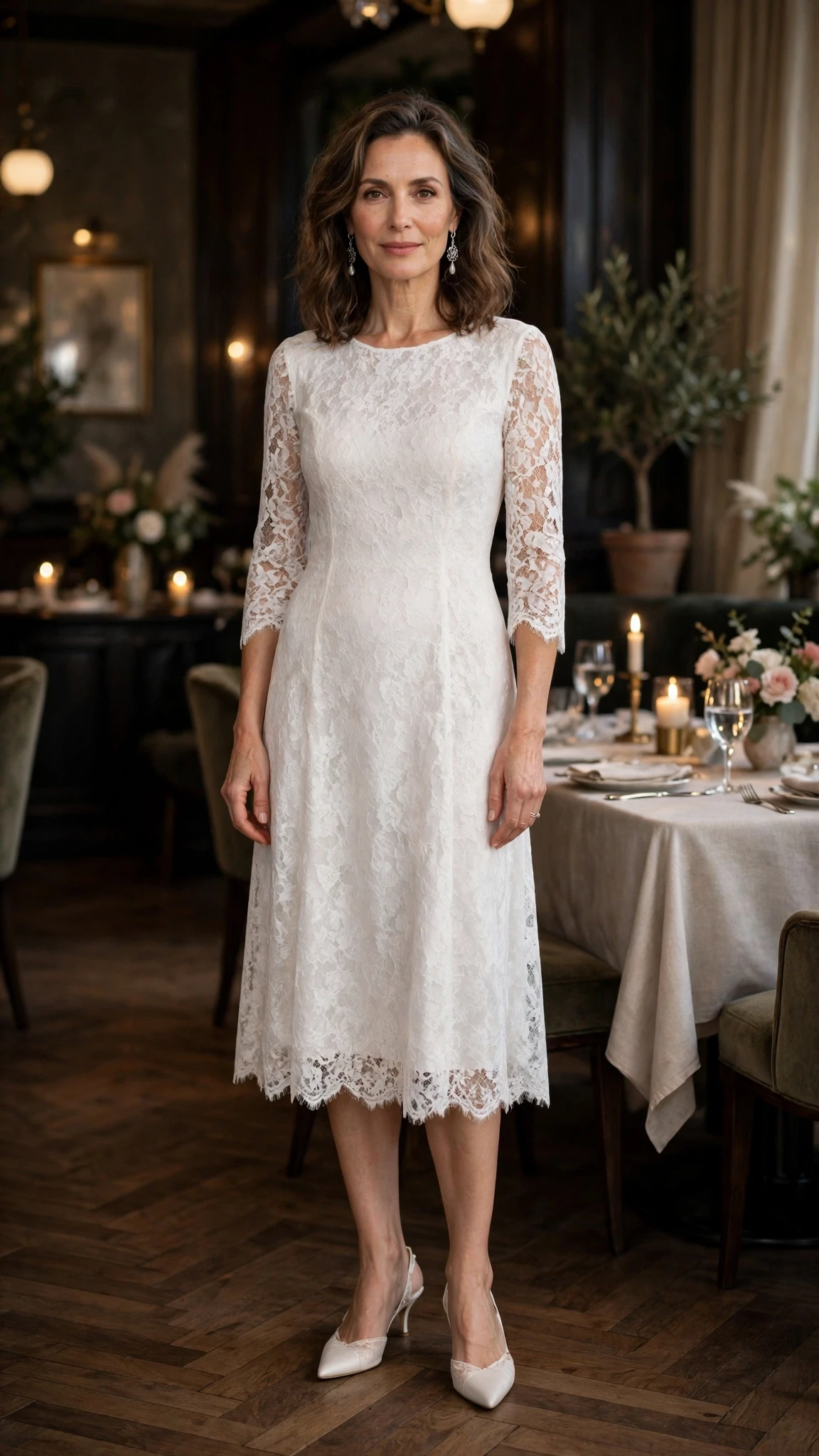 Soft white lace tea-length dress with kitten heels and silver drop earrings